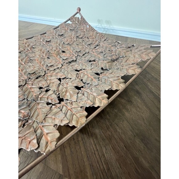 Solid Steel Embossed FALL LEAVES Square TRAY Rose Gold & Copper Boho Country - Picture 4 of 11